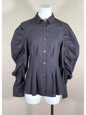 MOUSSY VINTAGE Women's Long Sleeve Tailored Button Up Shirt Black Puff Sleeve